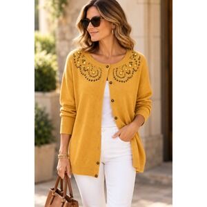 CJ Banks Cardigan Sweater 3X Yellow Beaded Studded Button Front Cotton